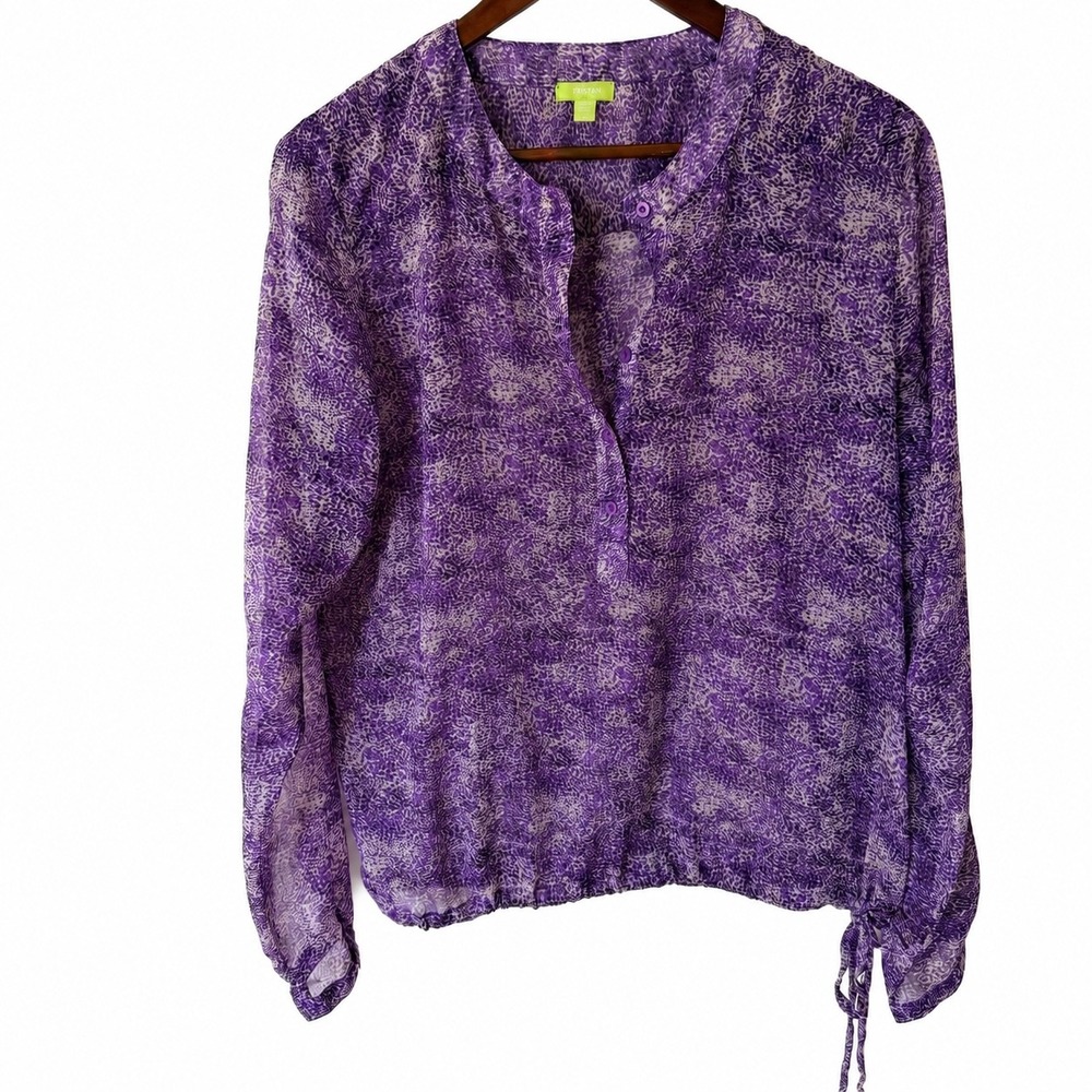 Tristan Purple sheer Abstract Print Blouse Long Sleeve Button Neck Side Tie SZ L